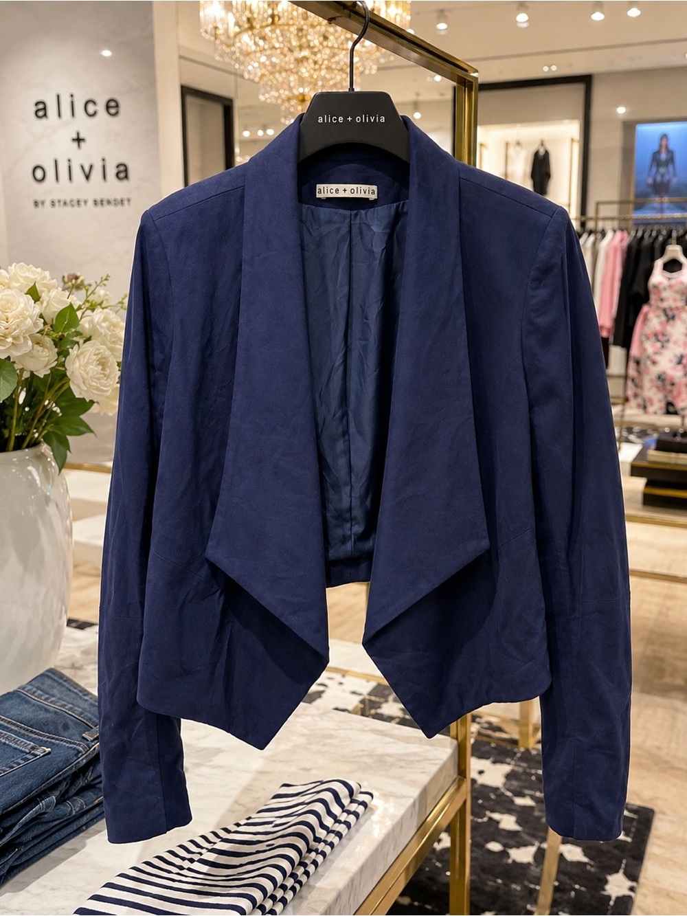 Alice + Olivia Navy Open-Front Draped Blazer